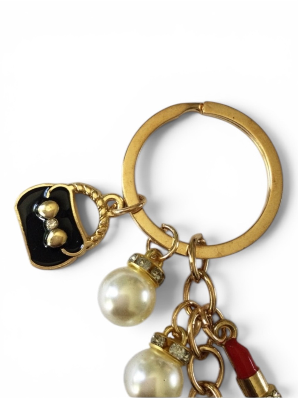 Fashion‑Girl Enamel Bag Charm / Keychain – Chic Black, Gold & Pearl Details - Picture 5 of 10